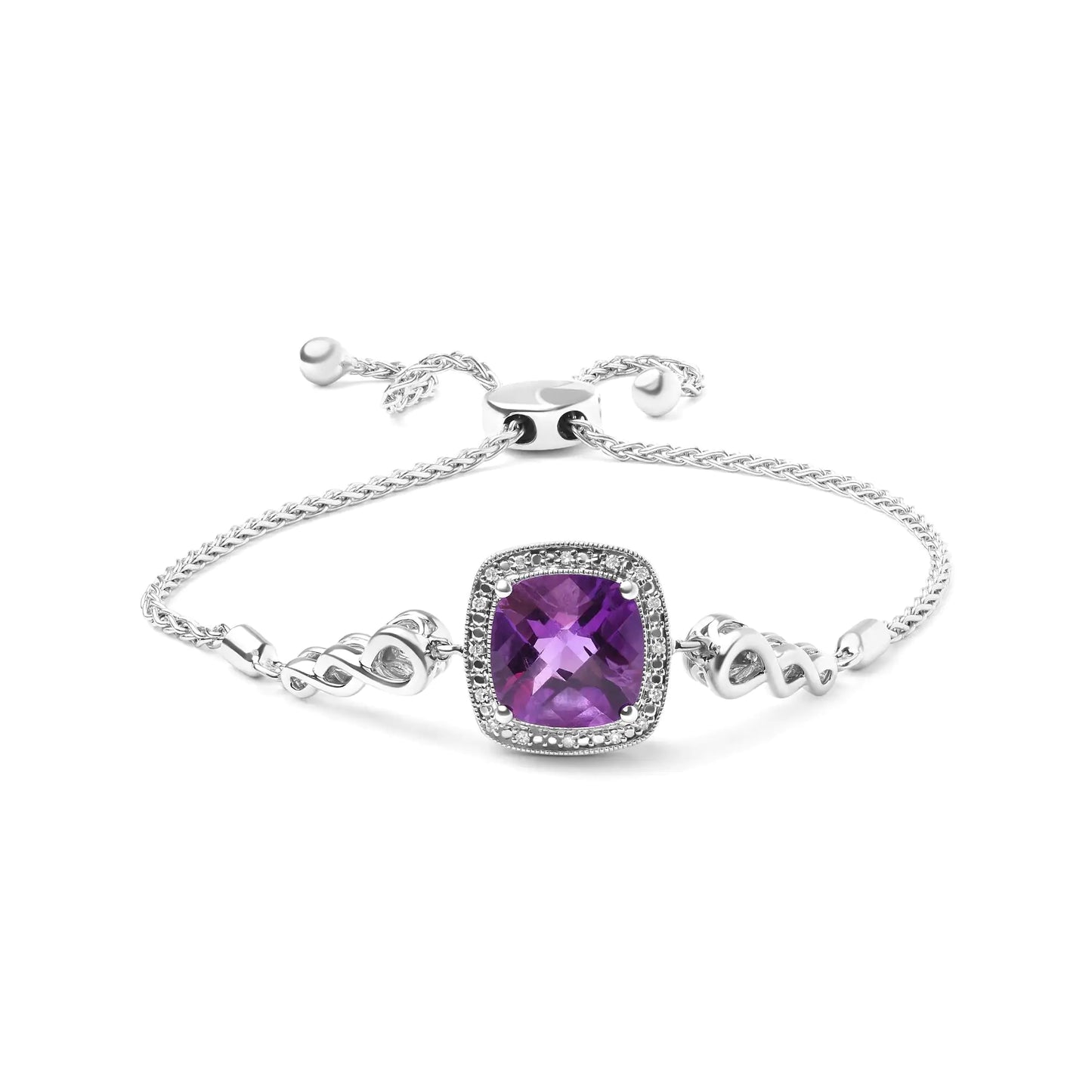 Sterling silver bracelet with 10mm cushion cut amethyst gemstone and diamond accents, featuring an adjustable bolo chain.