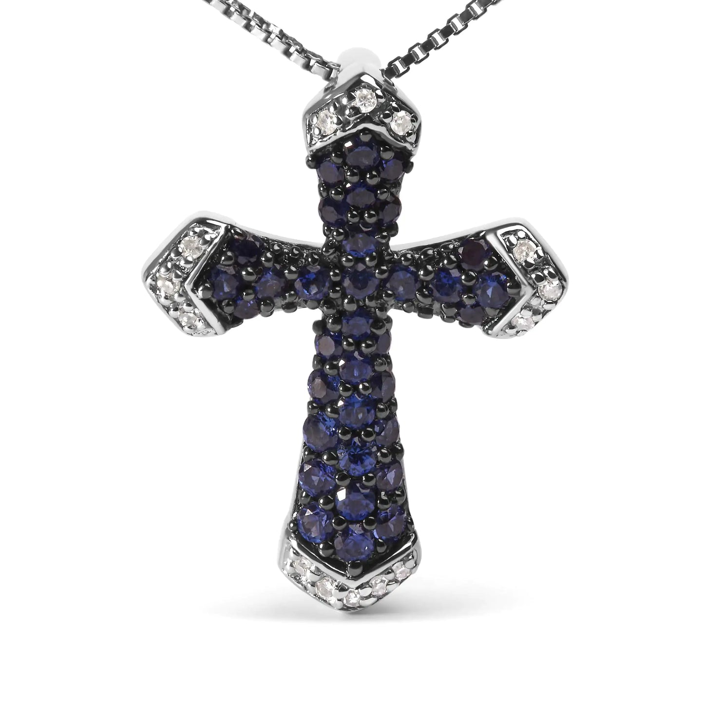 Sterling Silver Created Blue Sapphire and White Diamond Accent Cross Pendant Necklace