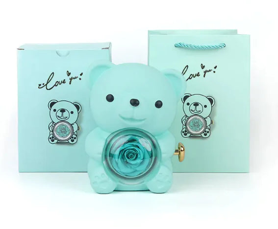 Rotating Bear Gift Box Rose Jewelry Box – Unique Jewelry Organizer with Rotating Display