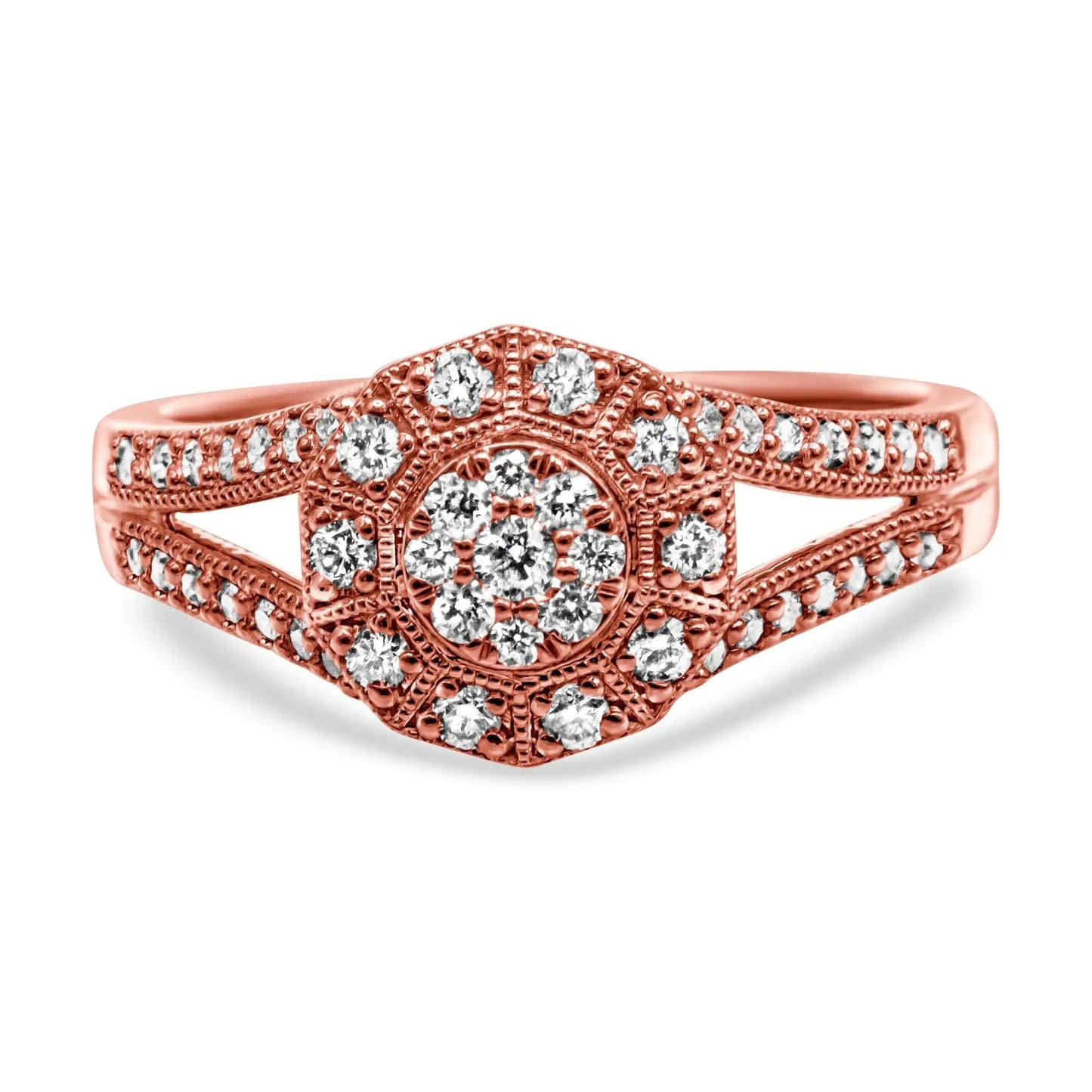 14K Rose Gold Plated .925 Sterling Silver 1/2 Cttw Pave Diamond Halo CThis devastatingly gorgeous cocktail ring brings on the charm with a gorgeous breadth of round, pave-set diamonds. A center cluster of diamonds gives a floral inspir14K Rose Gold Plated14K Rose Gold Plated