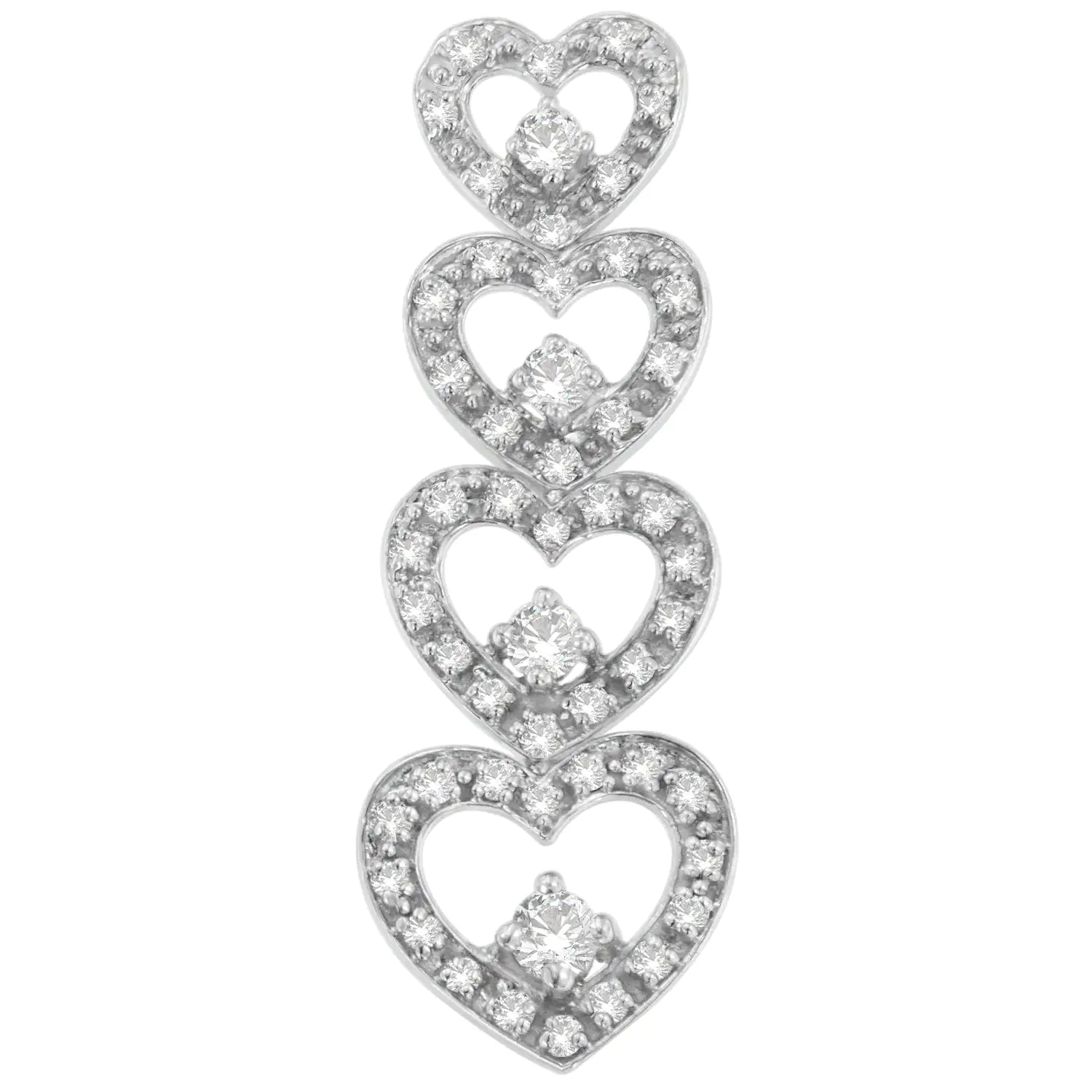 10K White Gold Round Cut Diamond Hearts Pendant Necklace