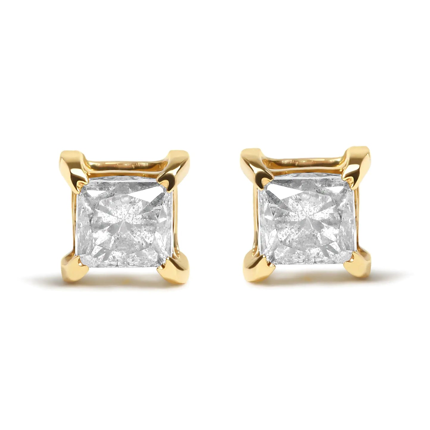 14K yellow gold stud earrings with 5/8 carat natural brown princess-cut diamonds in 4-prong setting, SI2-I1 clarity.