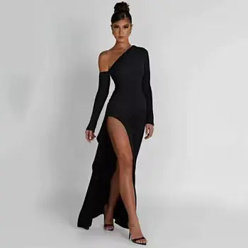 Slant Off-Shoulder High-Slit Evening DressIndulge in luxury and grace with our Slant Off-Shoulder High-Slit Evening Dress. The elegant slant neckline and daring high-slit create a striking silhouette, while SlantSlant