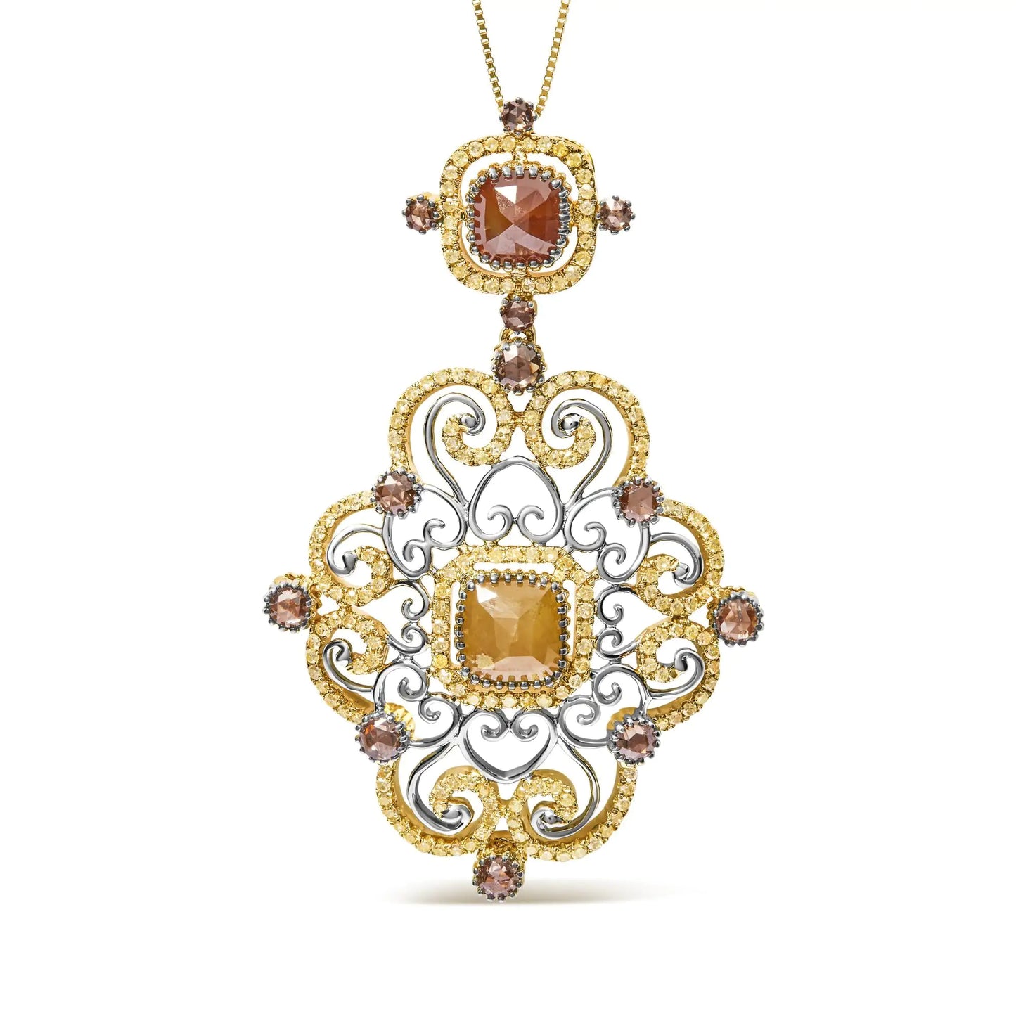 14K White and Yellow Gold 4.0 Cttw Fancy Color Rose Cut Diamond AntiquIntroducing a captivating masterpiece that effortlessly blends vintage charm with modern elegance. This exquisite 14K White and Yellow Gold Pendant Necklace is adornYellow Gold 4NecklacesYellow Gold 4