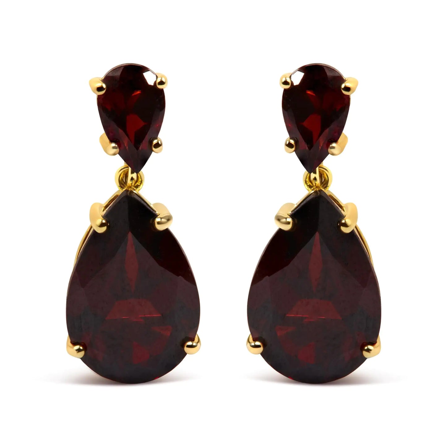 Red garnet drop earrings in 10K gold plated sterling silver for women.