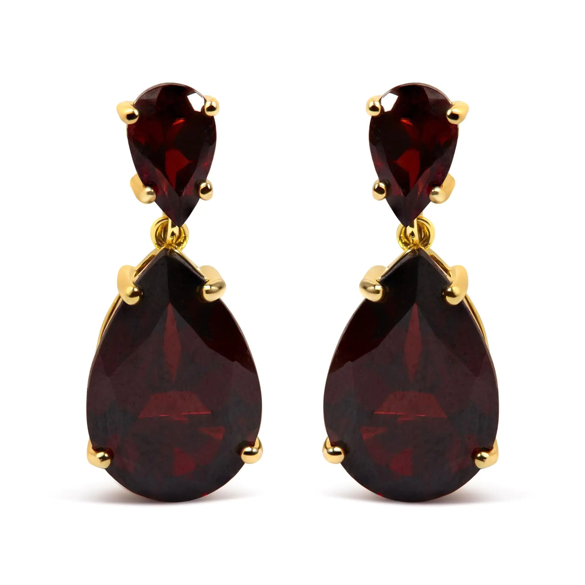 Red garnet drop earrings in 10K gold plated sterling silver for women.