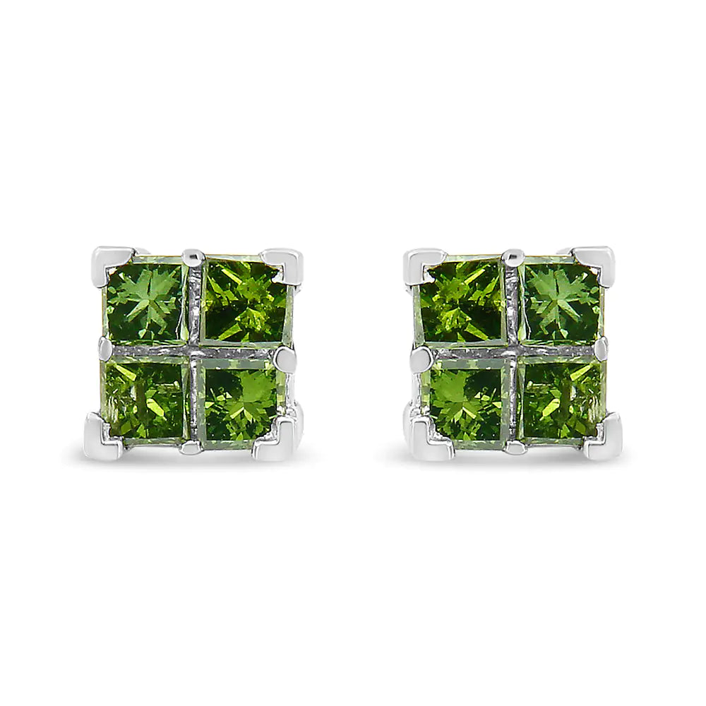 925 sterling silver green princess-cut diamond quad stud earrings with screwback closures.