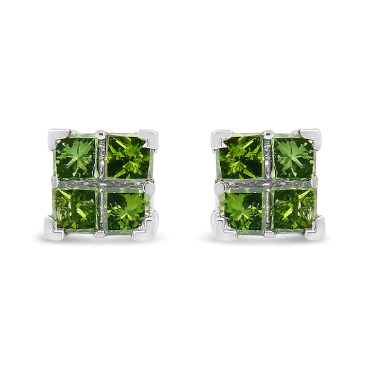 925 sterling silver green princess-cut diamond quad stud earrings with screwback closures.