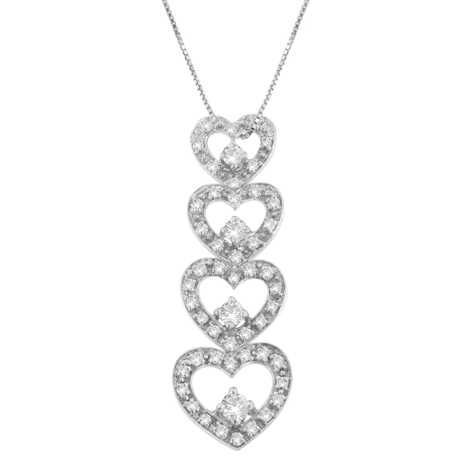 10K White Gold Round Cut Diamond Hearts of Love Pendant Necklace (0.50When you want to express how you feel about her, there's nothing more romantic than a classic heart symbol. Each diamond-adorned heart in this timeless white gold pe10K White Gold Round Cut Diamond HeartsNecklace10K White Gold Round Cut Diamond Hearts