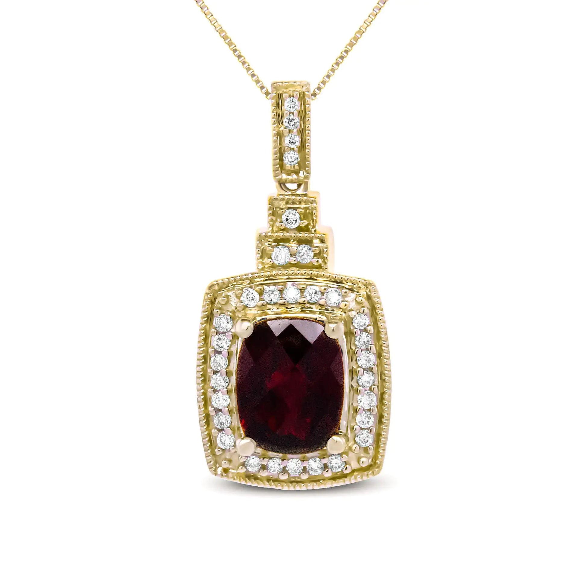 14K Yellow Gold 1/5 Cttw Round Diamond and 9x7mm Cushion Cut Red GarneThis 14k yellow gold pendant necklace is alive with feminine energy and grace, emboldened by a stunning checkerboard-cut red garnet centerpiece in a prong setting. T14K Yellow Gold 15 Cttw Round Diamond14K Yellow Gold 15 Cttw Round Diamond