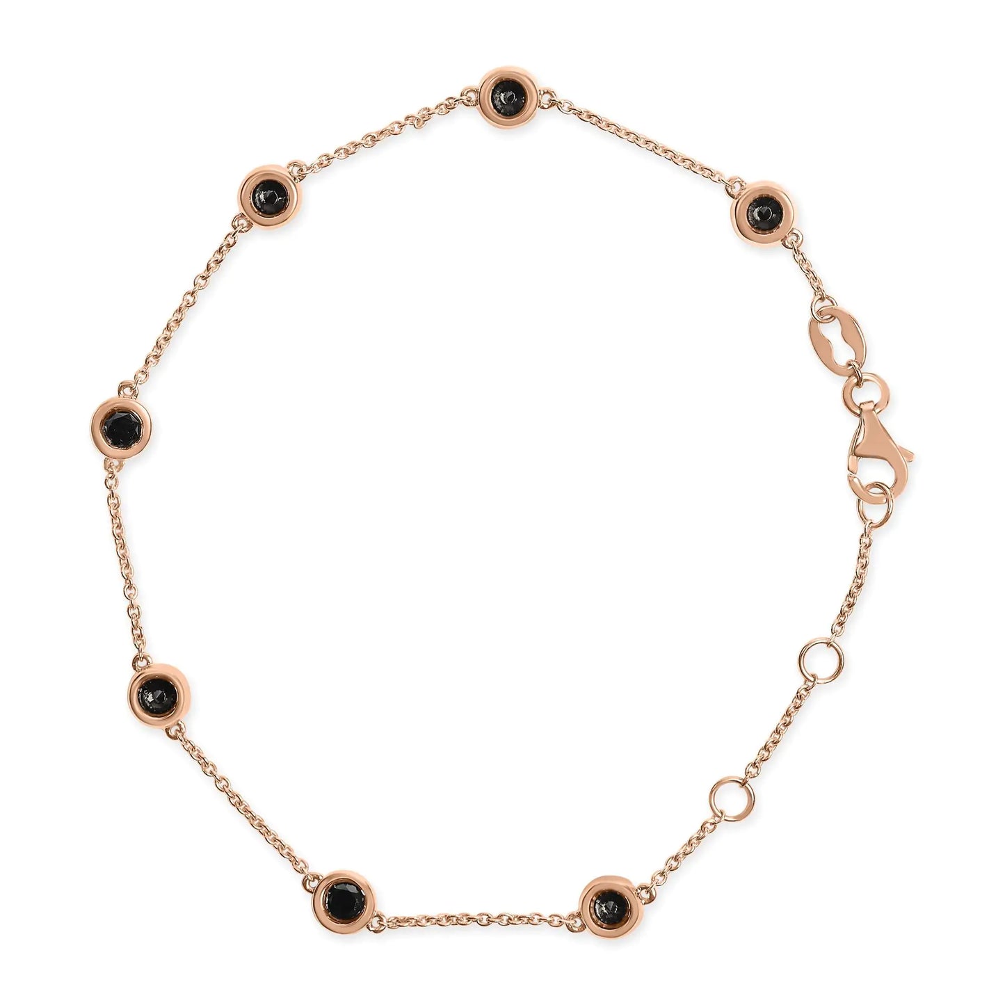 14K Rose Gold 1.00 Cttw Bezel Set Black Diamond 7 Station Link BraceleIntroducing a captivating masterpiece that effortlessly combines elegance and allure. Crafted in 14K rose gold, this exquisite station bracelet is adorned with 7 mes14K Rose Gold 114K Rose Gold 1