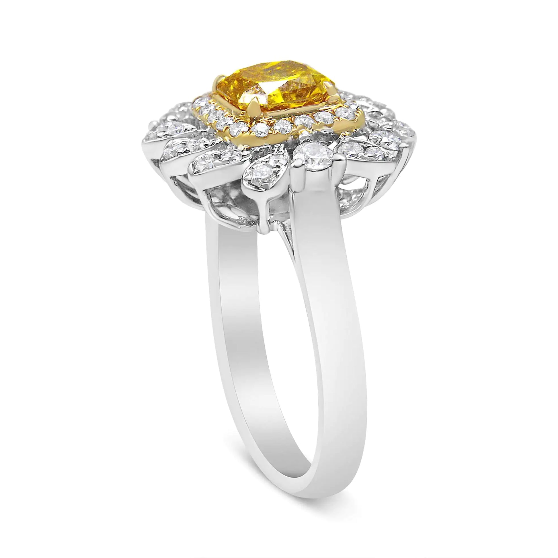 18K White and Yellow Gold 1.76 Cttw Yellow Radiant Lab Grown Center DiBrilliantly designed in an art-deco yet modern style, this glamorous fashion engagement ring showcases a central radiant-cut, lab-grown diamond in a stunning yellow 76 Cttw Yellow Radiant Lab Grown Center Diamond Double Halo Cocktail Ring Yellow76 Cttw Yellow Radiant Lab Grown Center Diamond Double Halo Cocktail Ring Yellow