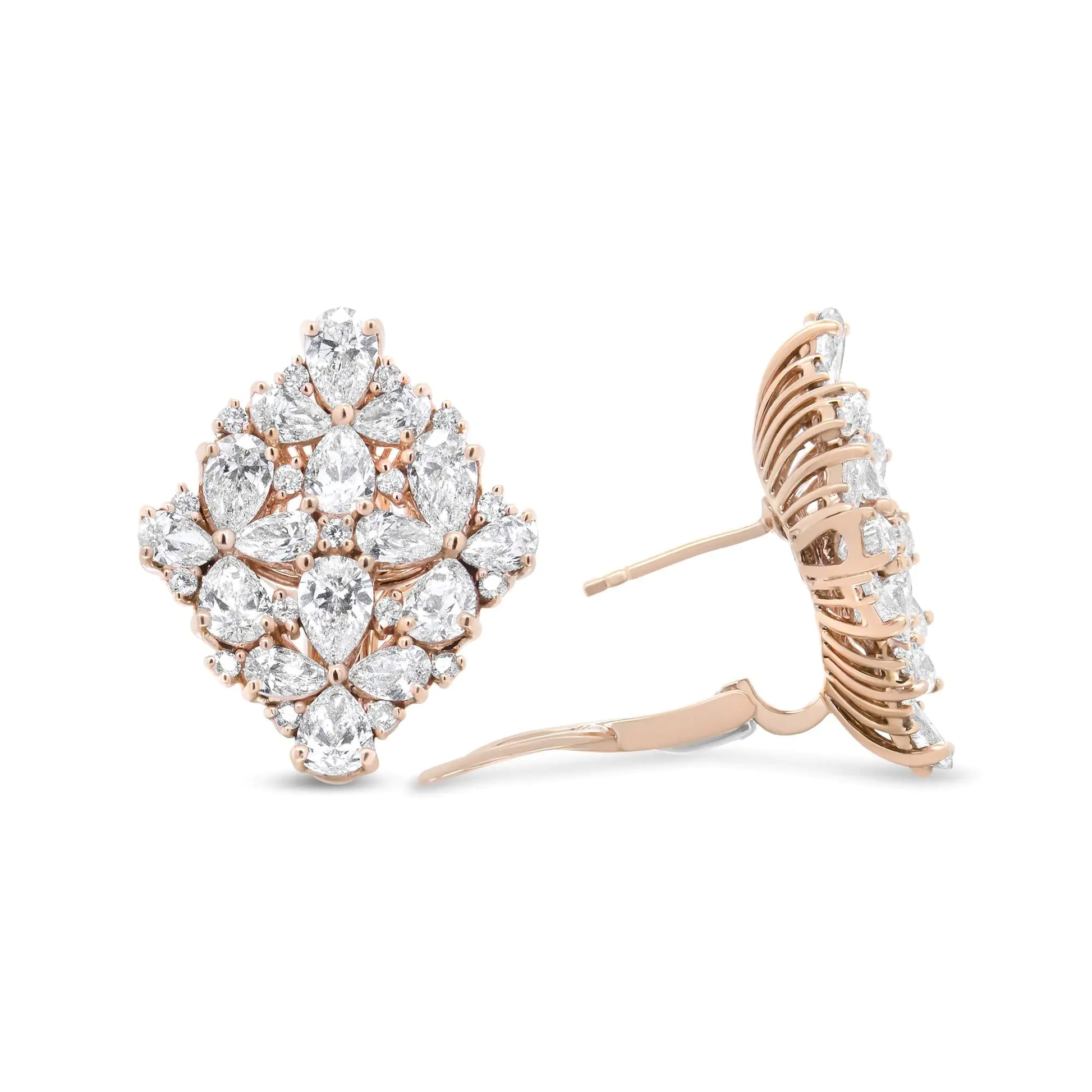 18K Rose Gold  Pear and Round Diamond Floral Cluster Omega EarringsThese bold earrings dazzle with a wow-factor like none other! A shimmering collection of diamonds sparkle from all over the face of these marquise-shaped earrings. GRound Diamond Floral Cluster Omega EarringsEarringsRound Diamond Floral Cluster Omega Earrings