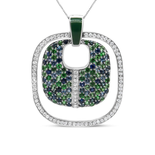 925 sterling silver green enamel pendant with diamonds, sapphires, tsavorites, openwork design, 18-inch necklace.