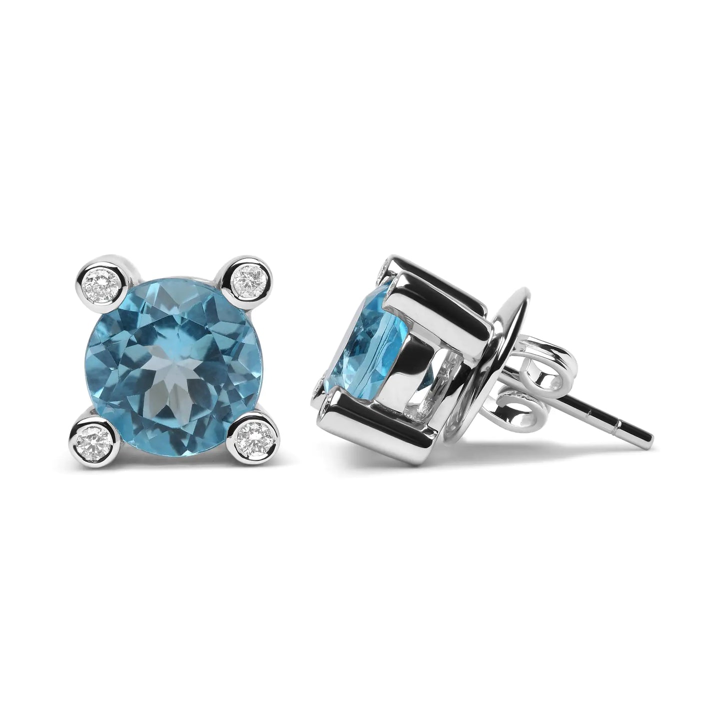 18K White Gold 1/10 Cttw Round Bezel Diamond and 10x10mm Round Sky BluLet your colors shine through with this sweet and sparkly pair of 18k white gold stud earrings. As the centerpiece of this pair, each earring is in possession of a 118K White Gold 110 Cttw Round Bezel DiamondEarrings18K White Gold 110 Cttw Round Bezel Diamond