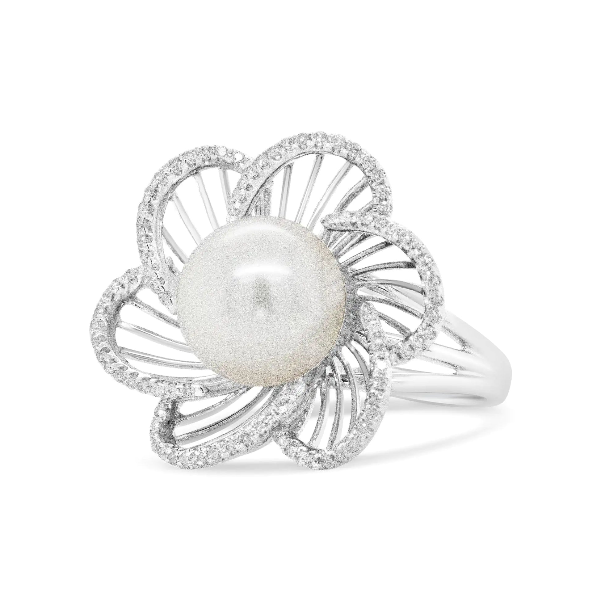 14K White Gold 11mm Round Pearl and 1/3 Cttw Round Diamond Openwork FlThe timeless style of this stunning 14k white gold ring will always be in season. In a floral motif, this ring features an elegant 11mm round pearl at its center. Th14K White Gold 11mm Round Pearl14K White Gold 11mm Round Pearl