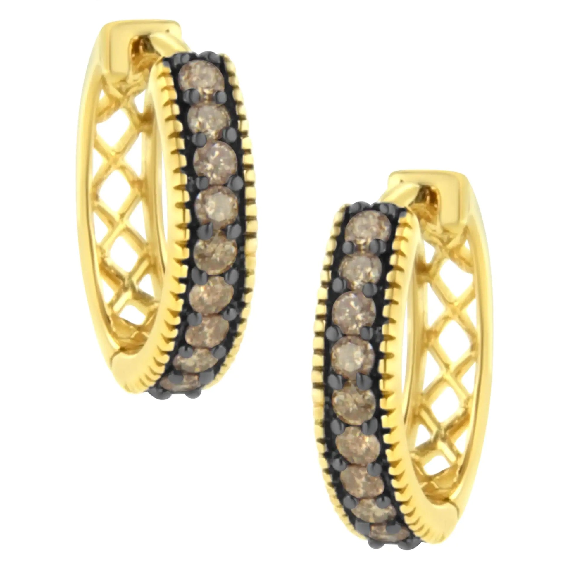 10K Yellow Gold and Black Rhodium 1/2 Cttw Lattice Back Cutout and RouYou will adore these trendy and chic diamond hoop earrings that are the perfect addition to any jewelry collection. Created in the finest 10k yellow gold, this fabul10K Yellow Gold10K Yellow Gold