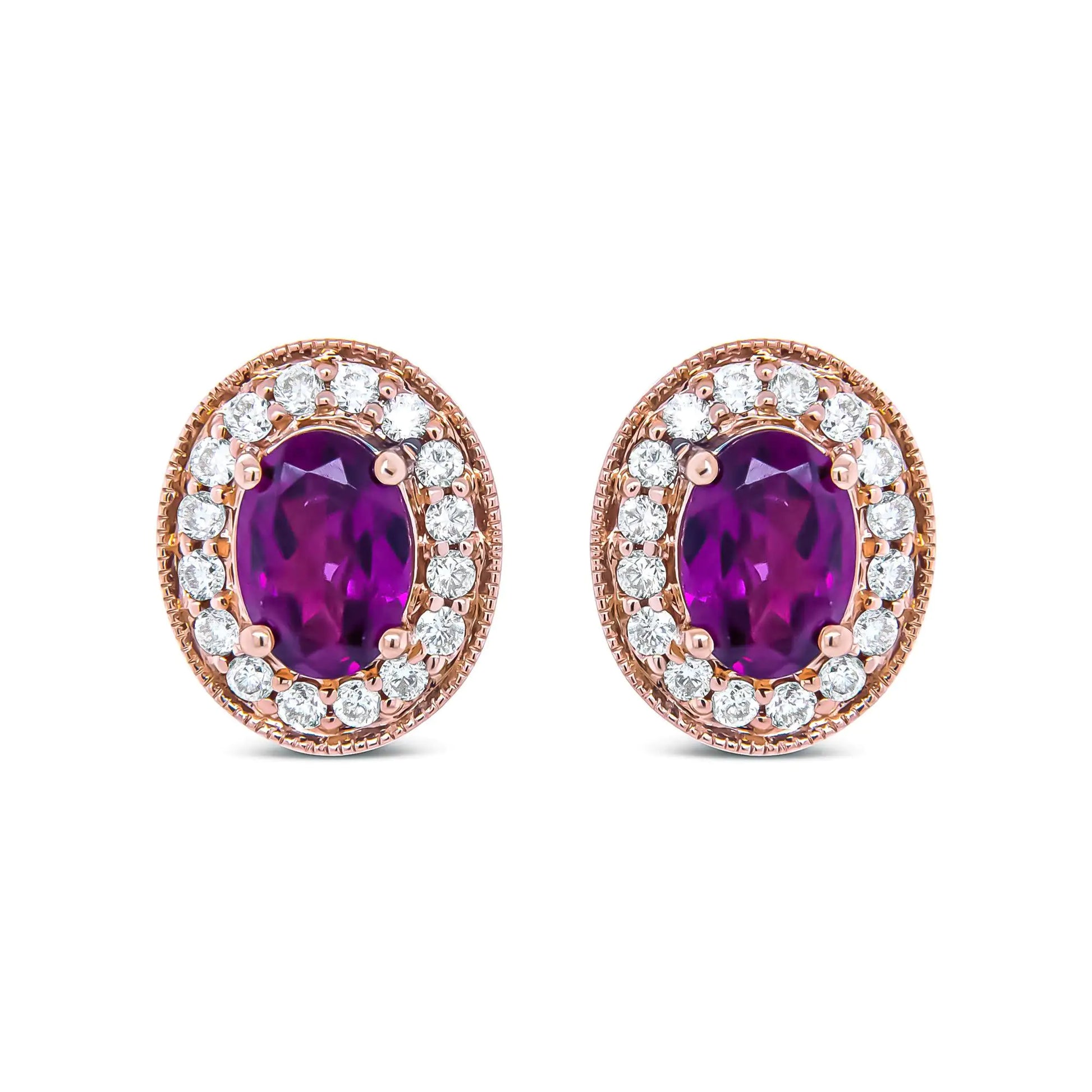 14K Rose Gold Garnet and Diamond Halo Stud Earrings – 3/8 CTTW | Oval Add a touch of warmth and sophistication to your look with these 14K Rose Gold Garnet and Diamond Halo Stud Earrings. Featuring rich oval garnet gemstones at the cen14K Rose Gold GarnetEarrings14K Rose Gold Garnet