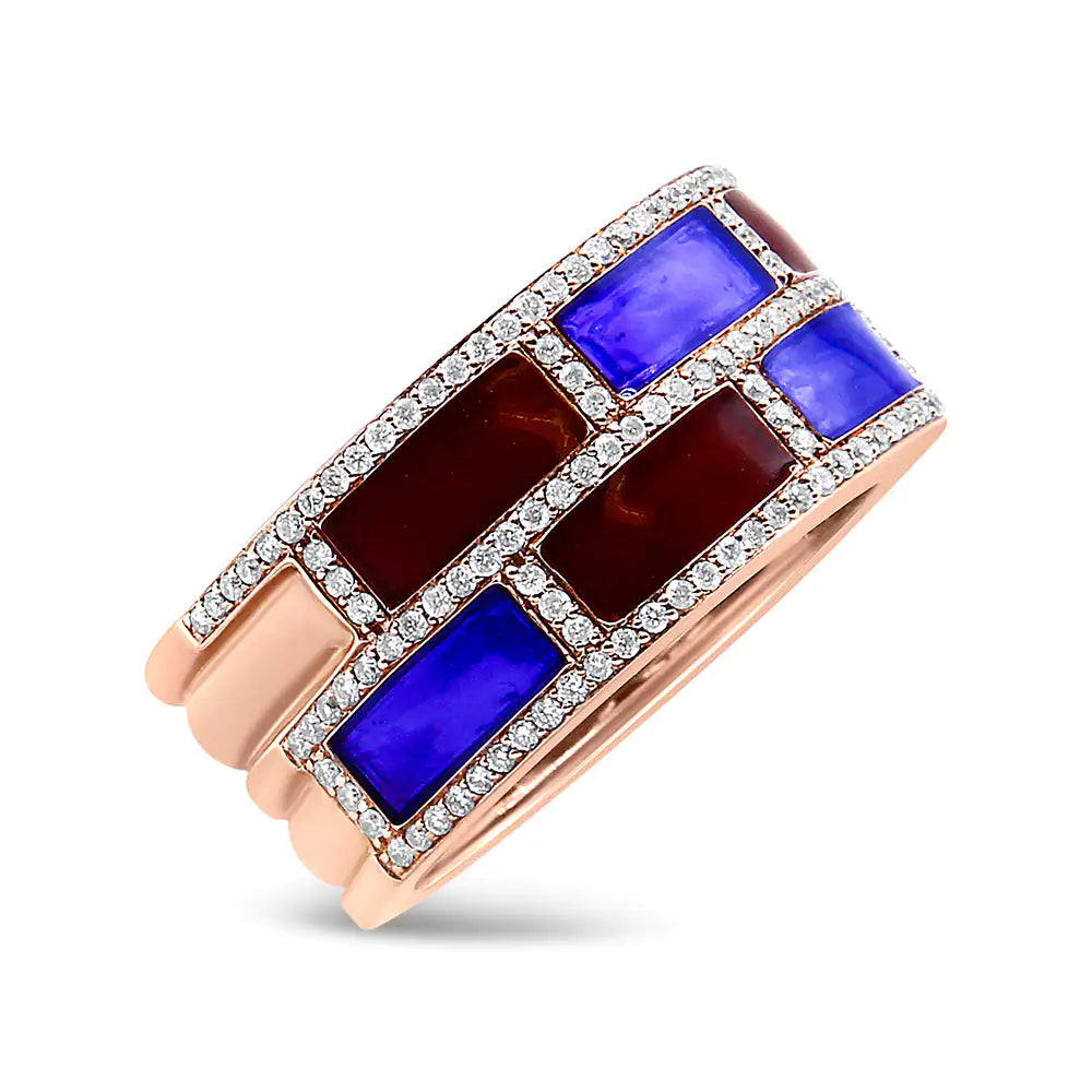 18K Rose Gold Alternating Red and Blue Enamel and 1/2 Cttw Diamond StuBold, bright and beautiful! This contemporary diamond and enamel ring is hand-crafted in Thailand and is truly a one-of-a-kind treasure. This band is crafted from wa18K Rose Gold Alternating Red18K Rose Gold Alternating Red