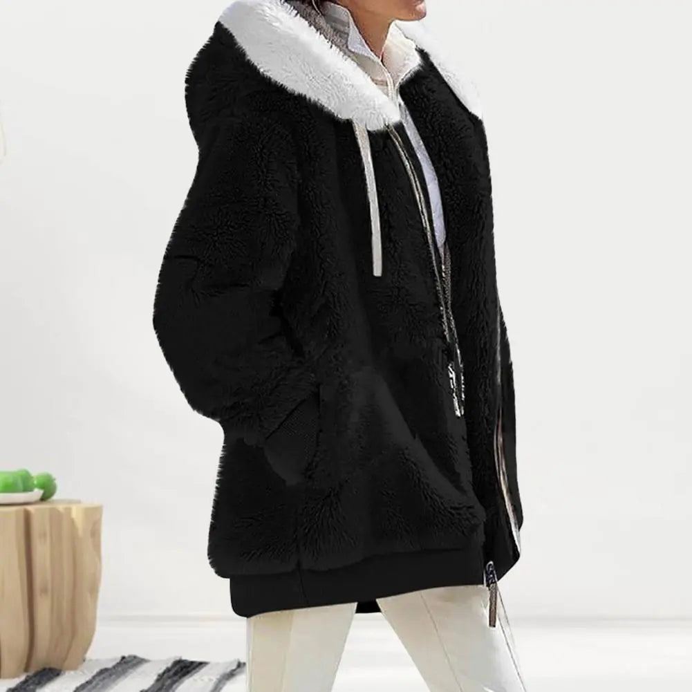 Plush Zipper Coat for Women - Plus Size, Warm and Furry with Long Sleeves