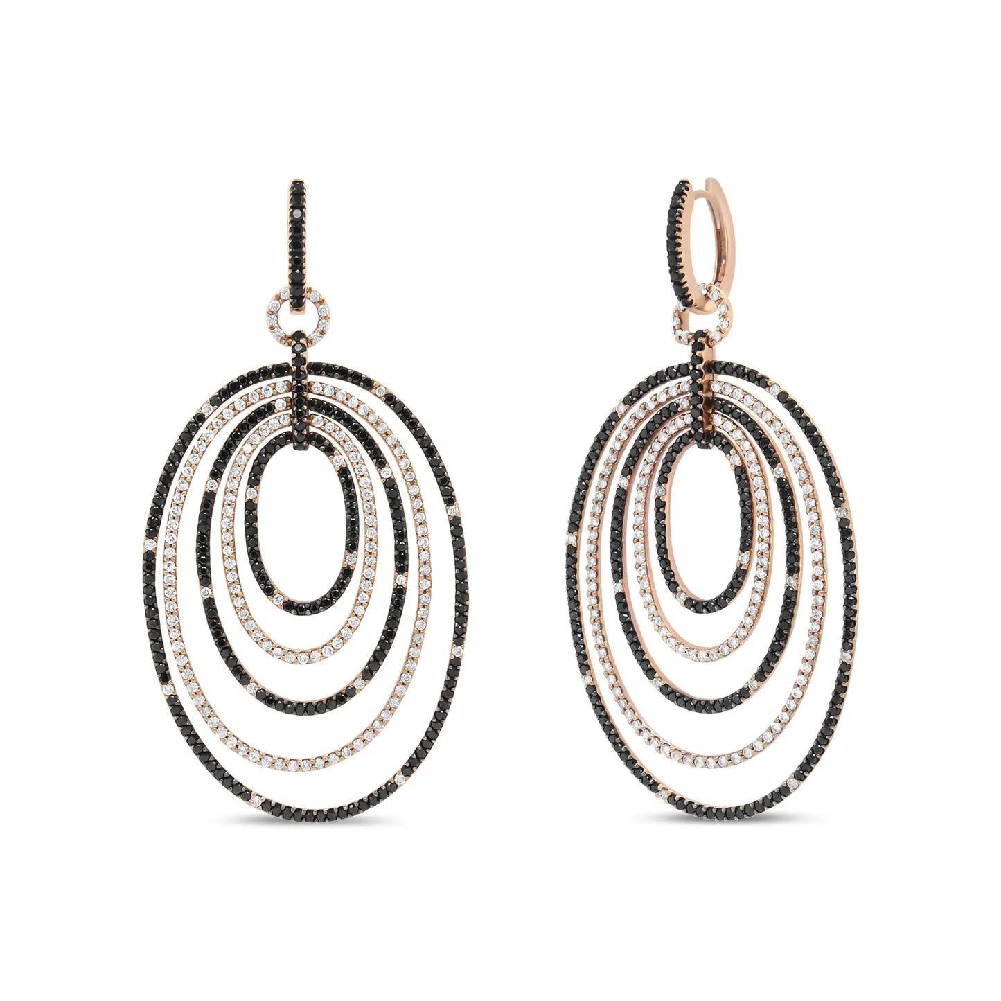 18K Rose Gold 5.00 Cttw Round Black and White Diamond Graduated Hoop DMake a statement with these stunning 18K Rose Gold Graduated Hoop Dangle Earrings, featuring 5.00 cttw of brilliant round black and white diamonds. The earrings' uniWhite Diamond Graduated Hoop Dangle EarringsEarringsWhite Diamond Graduated Hoop Dangle Earrings