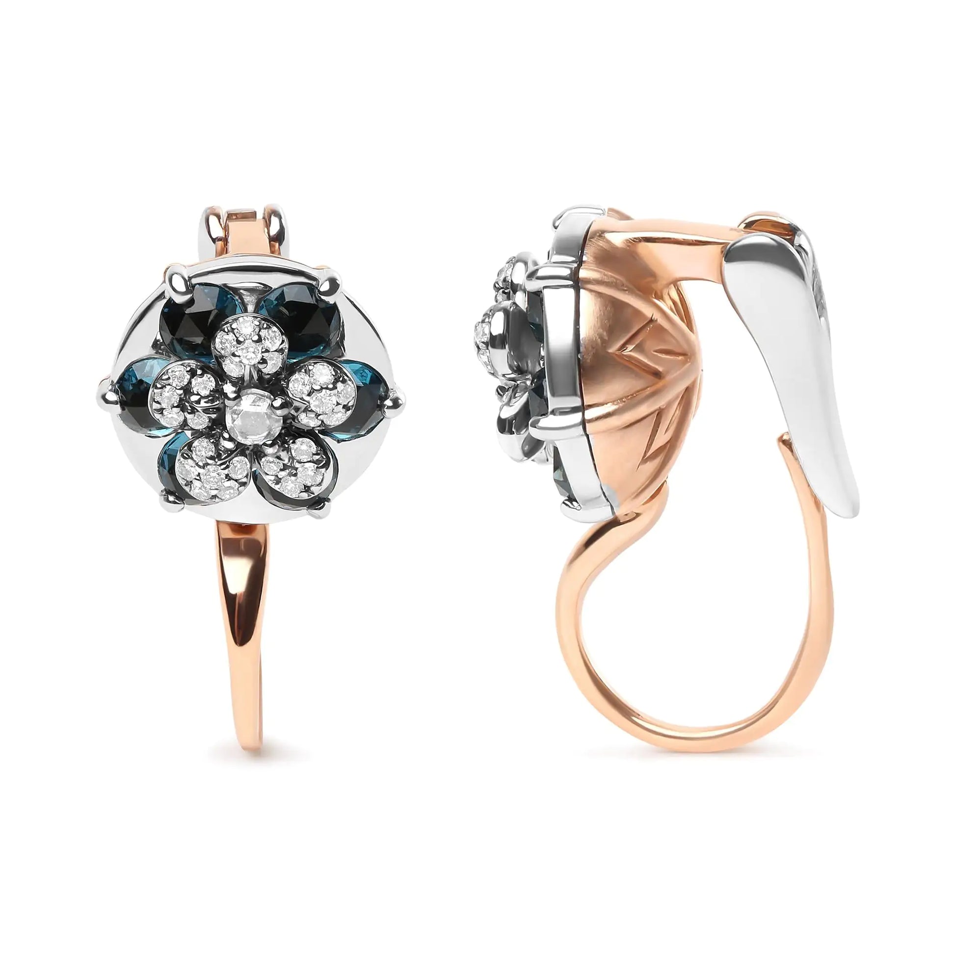 18K Rose and White Gold 1/3 Cttw Round Diamonds and Round London Blue The decadent color of these 18k white and rose gold drop hoop earrings is mesmerizing! Natural 2.6mm round heat-treated London blue topaz gemstones radiate their war18K Rose18K Rose