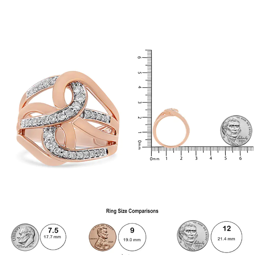 10K Rose Gold 1/2 Cttw Round-Cut Diamond Intertwined Multi-Loop CocktaIntricately crafted, this 10k rose gold cocktail ring has a unique intertwined multi-loop design. Loops of rose gold bypass loops embellished with natural, round-cut10K Rose Gold 1/2 Cttw Round-Cut Diamond Intertwined Multi-Loop Cocktail Ring (Rings10K Rose Gold 1/2 Cttw Round-Cut Diamond Intertwined Multi-Loop Cocktail Ring (