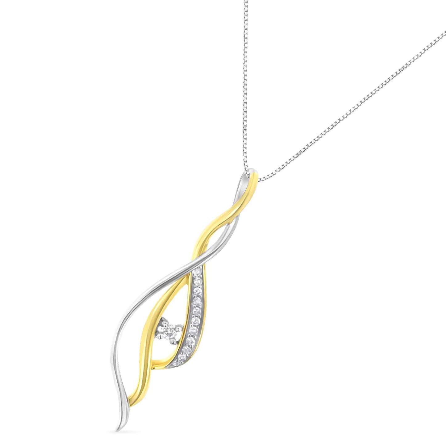 10K Yellow and White Gold Round Cut Diamond Accent Cascade 18" PendantSpirals of cool 10kt white and warm 10kt yellow gold cascade down together to create a stunning spiral effect around a solitaire diamond center. The piece is furtherWhite Gold Round Cut Diamond Accent Cascade 18" Pendant Necklace NecklacesWhite Gold Round Cut Diamond Accent Cascade 18" Pendant Necklace 