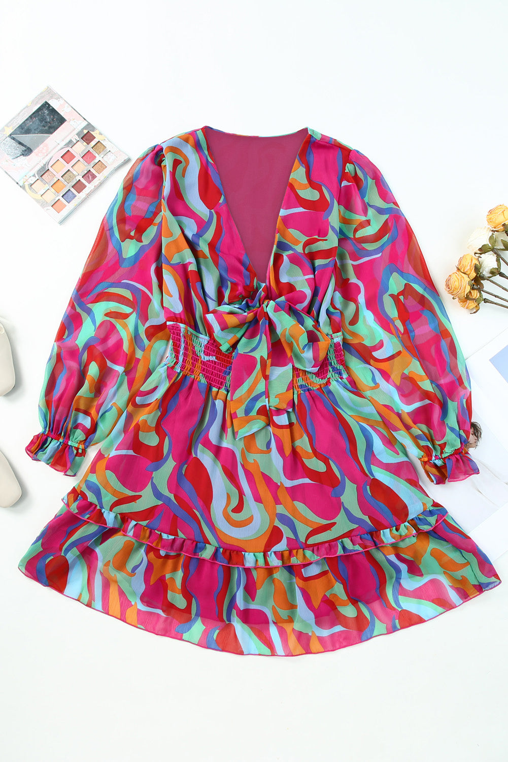 Printed Flounce Sleeve Mini DressFeatures: Tied
Sheer: Opaque
Stretch: No stretch
Body: Not lined
Material composition: 95% polyester, 5% spandex
Care instructions: Machine wash cold. Tumble dry lowPrinted Flounce Sleeve Mini DressPrinted Flounce Sleeve Mini Dress