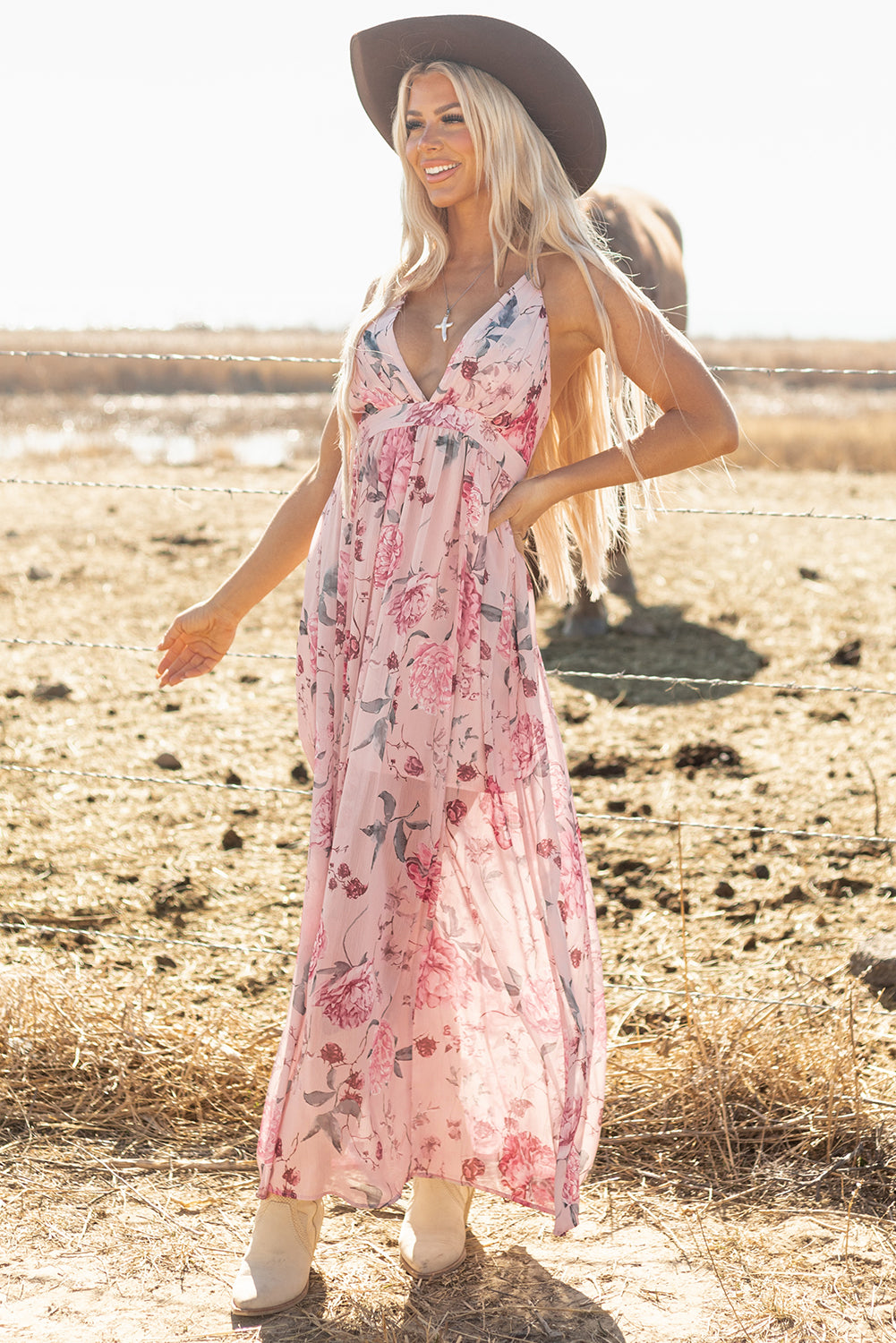 Romantic Pink Floral Maxi Dress: Pleated Bust, Deep V Neck, Empire Waist, and Backless Design