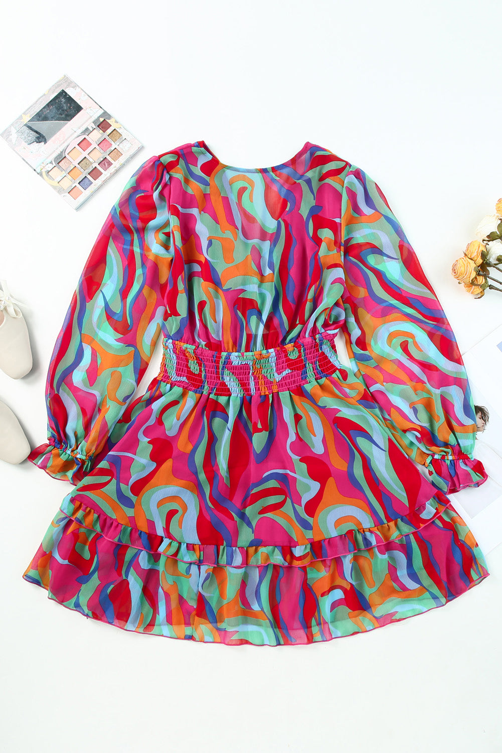 Printed Flounce Sleeve Mini DressFeatures: Tied
Sheer: Opaque
Stretch: No stretch
Body: Not lined
Material composition: 95% polyester, 5% spandex
Care instructions: Machine wash cold. Tumble dry lowPrinted Flounce Sleeve Mini DressPrinted Flounce Sleeve Mini Dress