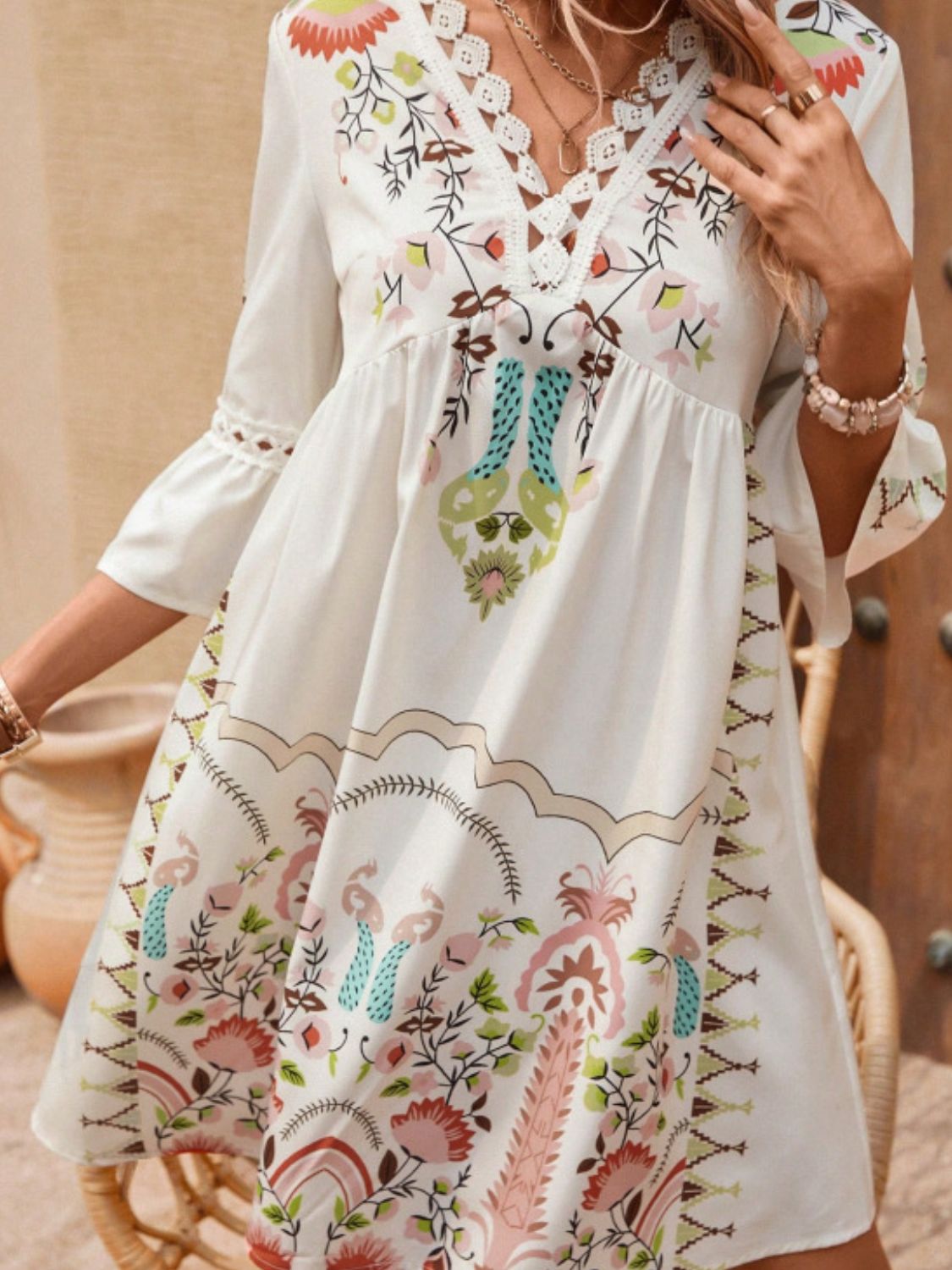 Lace Detail Printed Three-Quarter Sleeve DressFeatures: Lace Detail
Sheer: Semi-sheer
Stretch: No stretch
Body: Not lined
Material composition: 100% polyester
Care instructions: Machine wash cold. Tumble dry lowLace Detail PrintedDressesLace Detail Printed