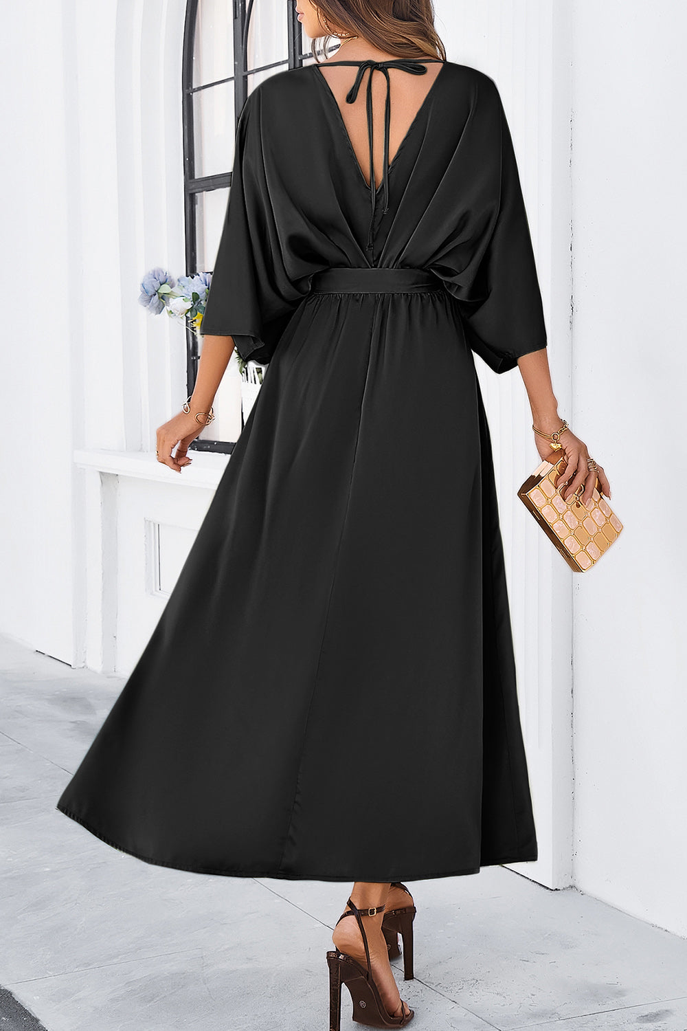 Devine Slit Tied V-Neck Three-Quarter Sleeve DressFeatures: Tied, Slit
Sheer: Opaque
Stretch: Slightly stretchy
Body: Not lined
Material composition: 100% polyester
Care instructions: Machine wash cold. Tumble dry lDevine Slit TiedDressesDevine Slit Tied