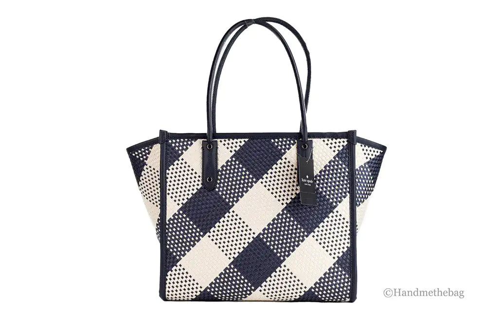 Kate Spade Ella Gingham Blazer Blue Oversized Straw Tote – Bold and Stylish