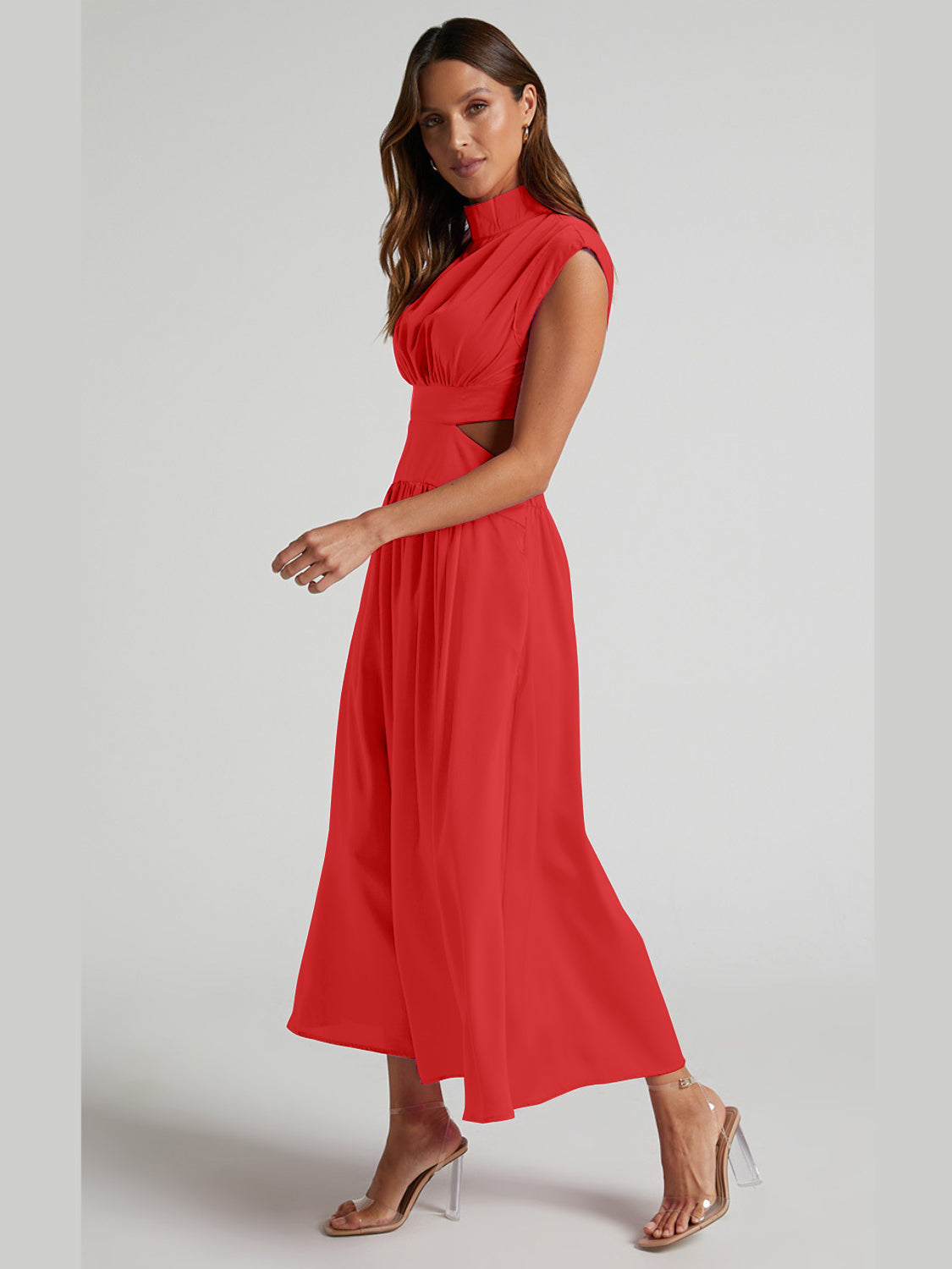 Cutout Mock Neck Sleeveless Ruched DressFeatures: Cutout
Sheer: Opaque
Stretch: Slightly stretchy
Body: Not lined
Material composition: 95% polyester, 5% spandex
Care instructions: Machine wash cold. TumblCutout Mock Neck Sleeveless Ruched DressCutout Mock Neck Sleeveless Ruched Dress