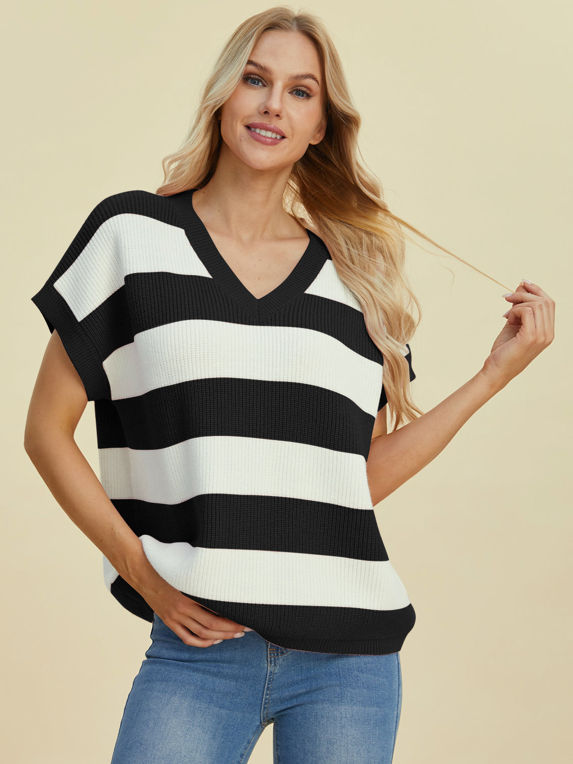 Double Take Full Size Striped V-Neck Short Sleeve SweaterFeatures: Basic style
Stretch: Moderate stretch
Material composition: 50% viscose, 29% polyester, 21% polyamide
Care instructions: Machine wash cold. Tumble dry low.-Neck Short Sleeve Sweater-Neck Short Sleeve Sweater