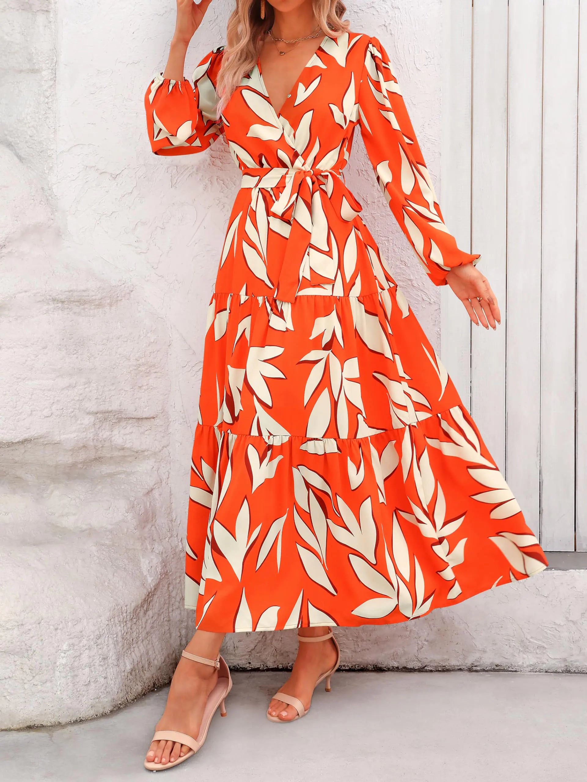 Womens Fall Long Sleeve Wrap V Neck Ruffle Floral Maxi Dress Casual Tie Waist Boho Chiffon Flowy Long Dresses