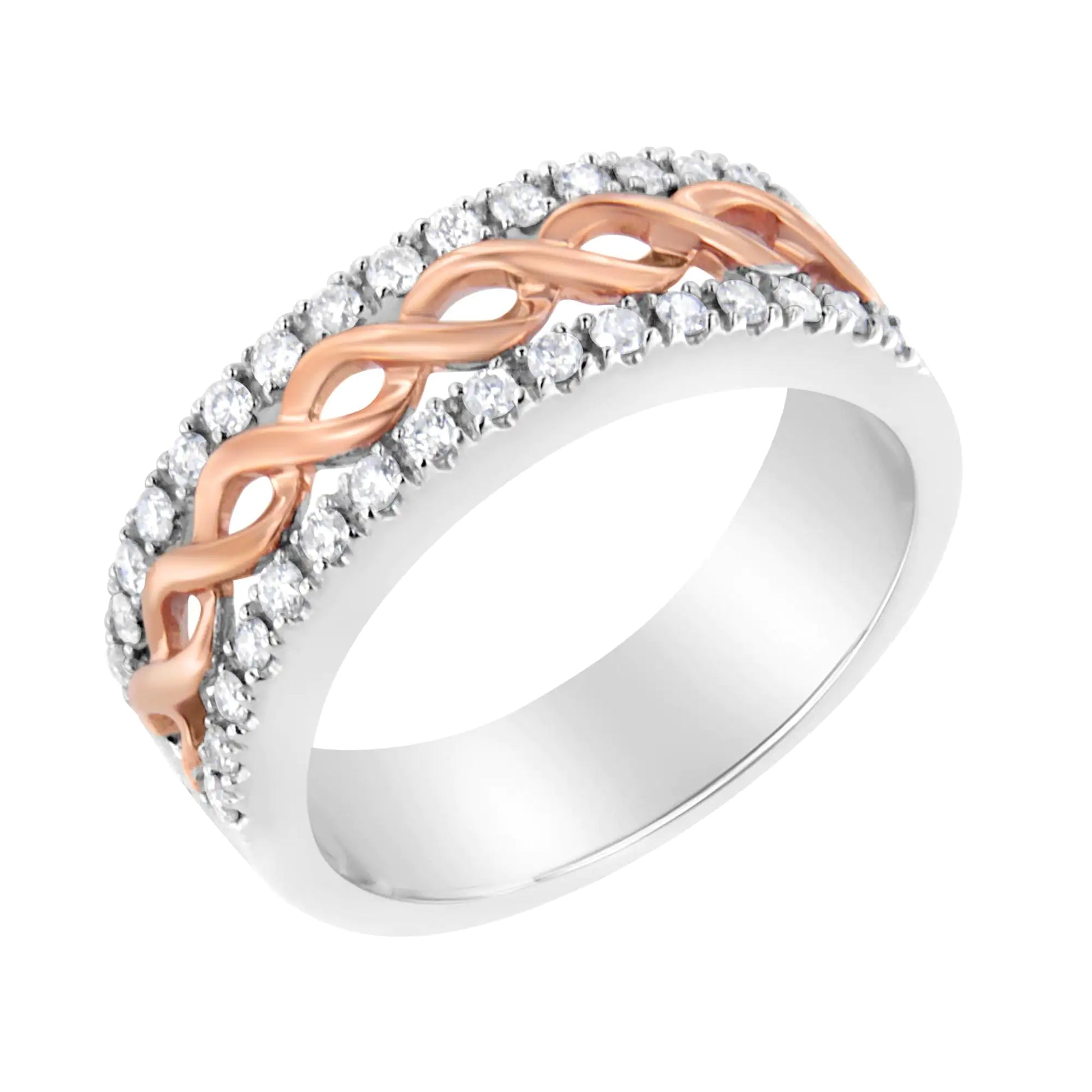 10K White and Rose Gold 1/3 Cttw Diamond Split Shank and Infinity RibbYou will love this uniquely designed split shank ring in gleaming 10k white gold. A central infinity ribbon motif in 10k rose gold runs throughout the ring and is fl10K WhiteRings10K White