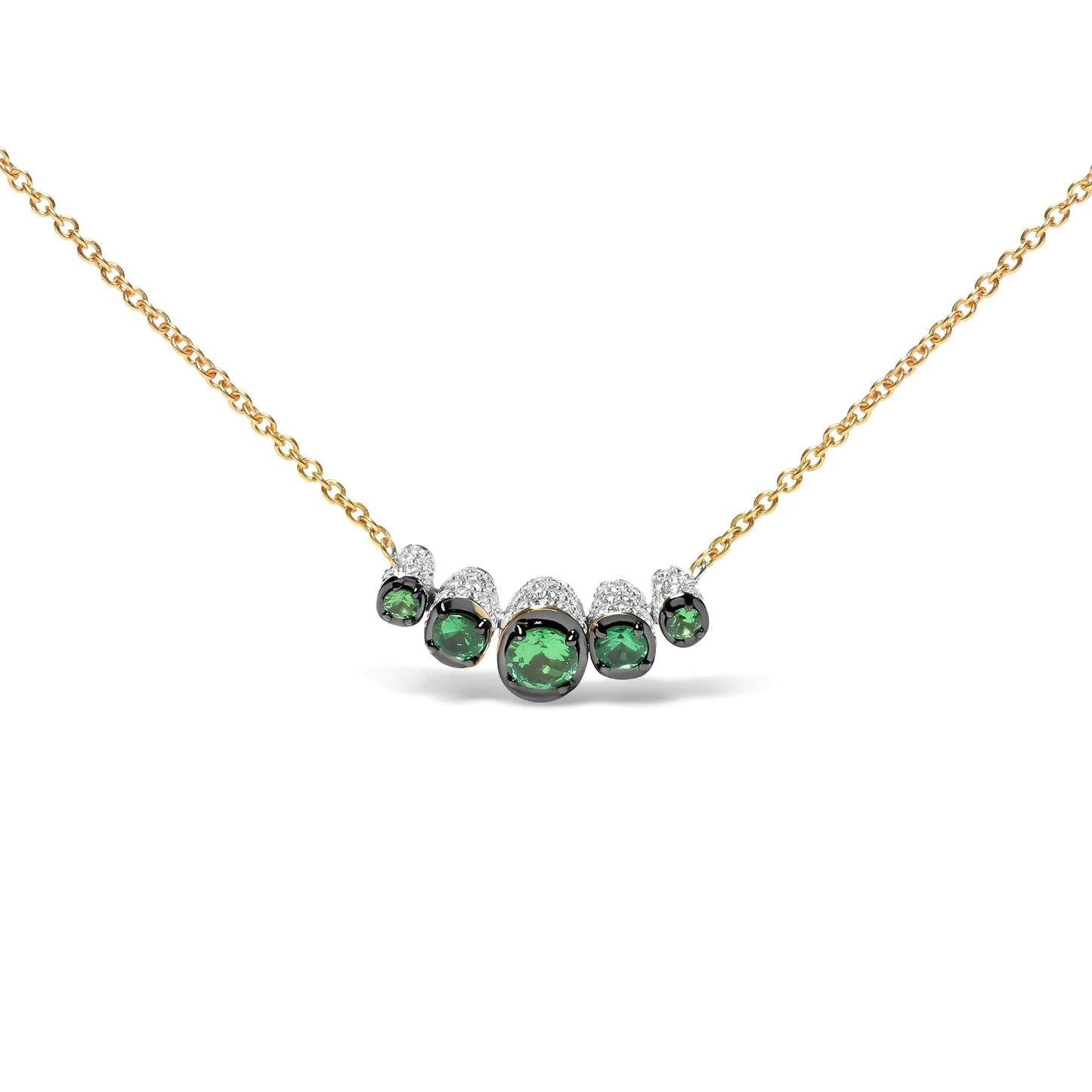 18K rose gold choker necklace with pave diamonds and green Tsavorite gemstones.