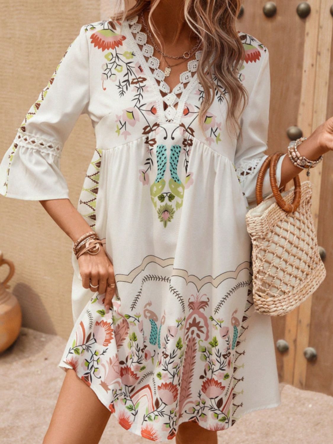 Lace Detail Printed Three-Quarter Sleeve DressFeatures: Lace Detail
Sheer: Semi-sheer
Stretch: No stretch
Body: Not lined
Material composition: 100% polyester
Care instructions: Machine wash cold. Tumble dry lowLace Detail PrintedDressesLace Detail Printed