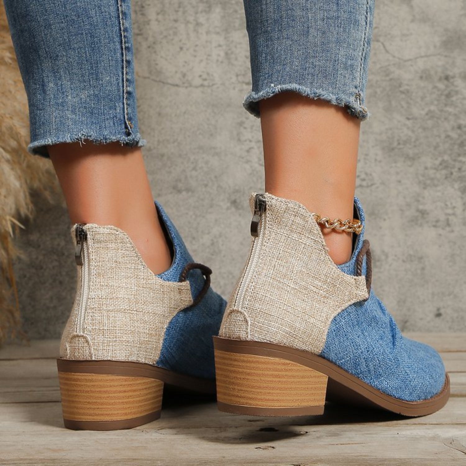 Contrast Canvas Low Heel BootsStep up your style game with these Contrast Canvas Low Heel Boots. Featuring a trendy mix of textures with durable canvas and sleek detailing, these boots offer a peContrast Canvas Low Heel BootsShoesContrast Canvas Low Heel Boots