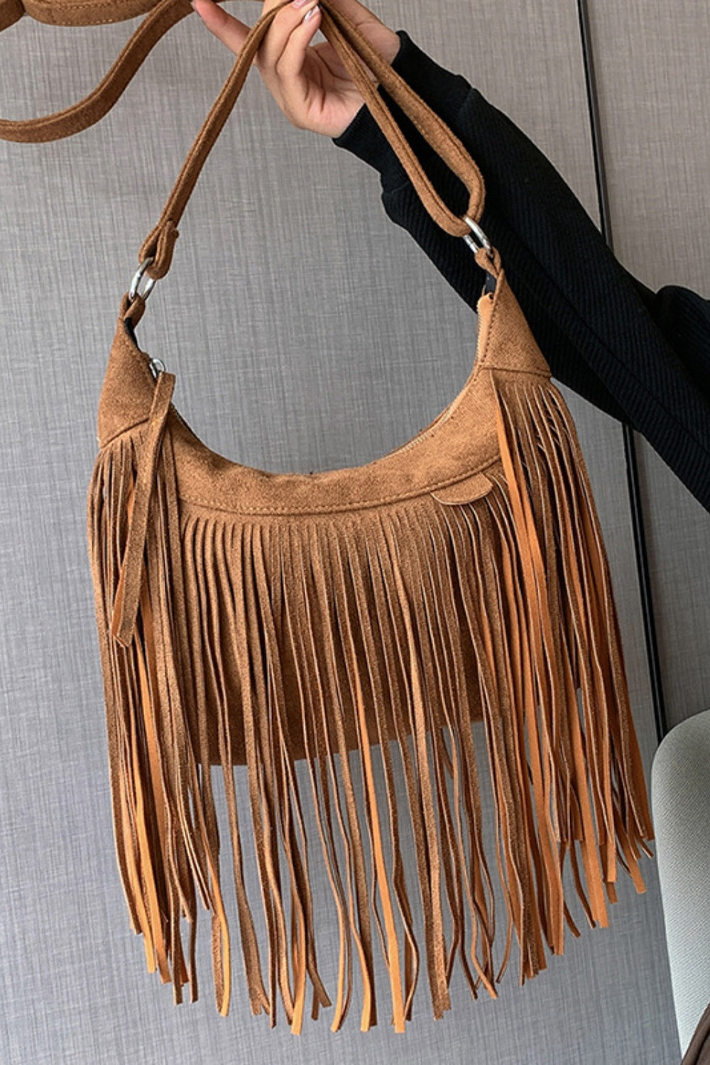 Suede Fringe Adjustable Strap Shoulder BagBag size: Small
Material: Suede
Imported
Product measurements:
Length 9.8 in, Width 3.1 in, Height 7.1 in, Weight 15.9 ozbag strapbag strap