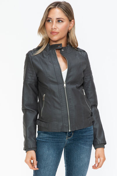 Snobbish PU Leather Biker Jacket with Side Zip PocketsA PU leather biker jacket with side zip pockets is a stylish and edgy piece that combines classic biker aesthetics with modern design elements. This jacket is typicaSnobbish PU Leather Biker JacketSnobbish PU Leather Biker Jacket