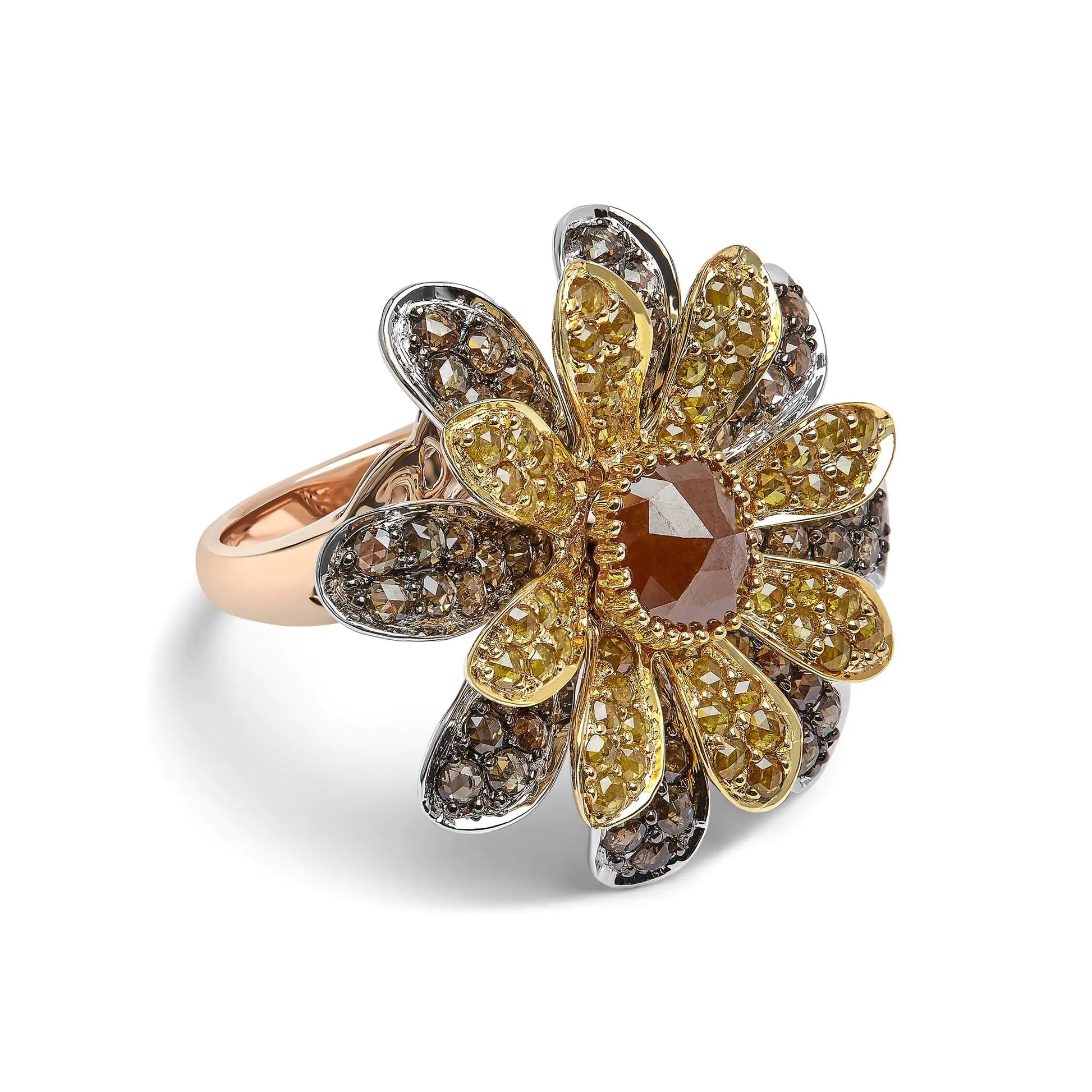 14K Tri-Toned 3 7/8 Cttw Rose Cut Diamond Cocktail Double Flower and PIntroducing a mesmerizing masterpiece, this 14K Tri-Toned Cocktail Ring is a symbol of elegance and grace. Crafted with love and care, this ring features a dazzling 14K Tri-Toned 3 78 Cttw Rose Cut Diamond Cocktail Double Flower14K Tri-Toned 3 78 Cttw Rose Cut Diamond Cocktail Double Flower