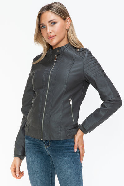 Snobbish PU Leather Biker Jacket with Side Zip PocketsA PU leather biker jacket with side zip pockets is a stylish and edgy piece that combines classic biker aesthetics with modern design elements. This jacket is typicaSnobbish PU Leather Biker JacketSnobbish PU Leather Biker Jacket