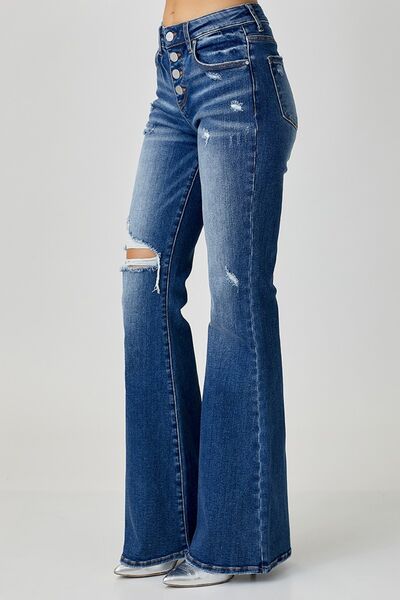 RISEN Distressed Button-Fly Flare JeansThe leg of these jeans presents a popular flared pants design, giving you more charm and personality when wearing them. Whether paired with a shirt, t-shirt or top, RISEN Distressed Button-Fly Flare JeansRISEN Distressed Button-Fly Flare Jeans