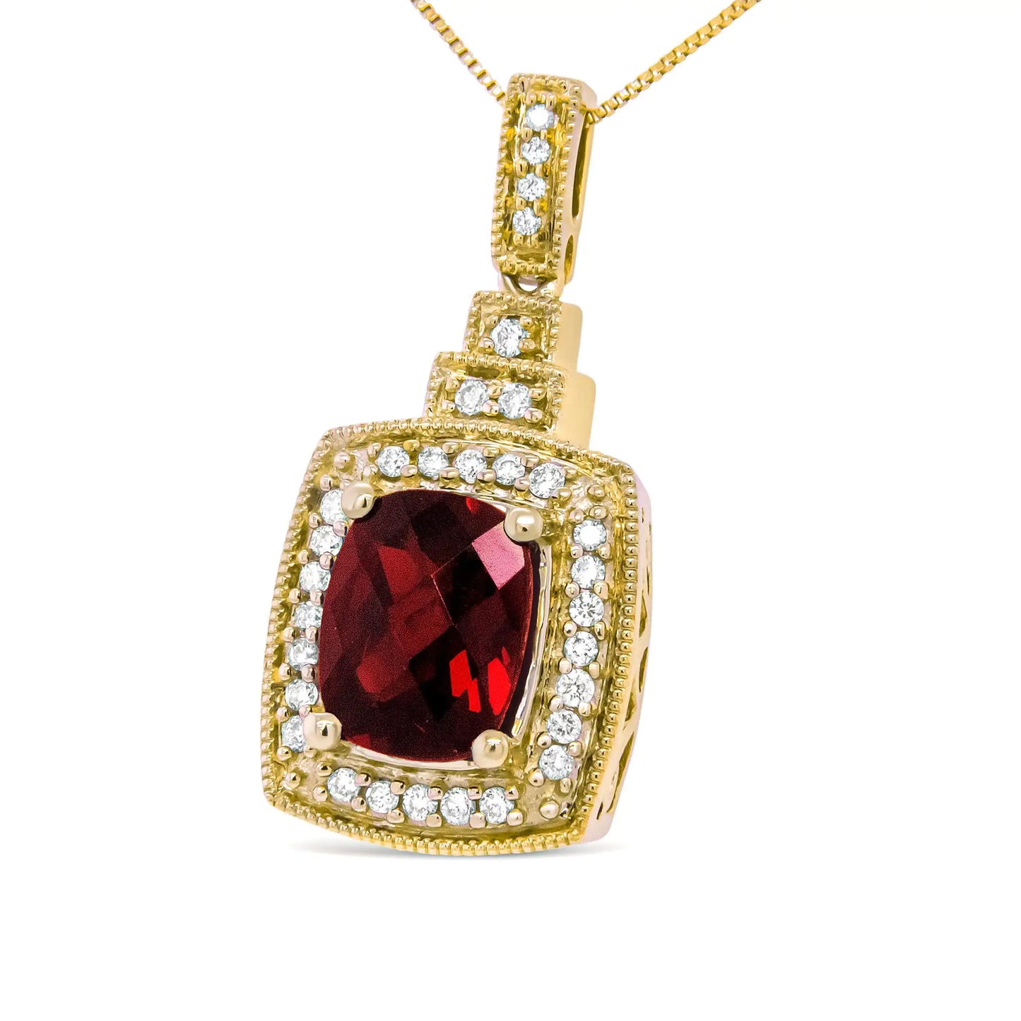 14K Yellow Gold 1/5 Cttw Round Diamond and 9x7mm Cushion Cut Red GarneThis 14k yellow gold pendant necklace is alive with feminine energy and grace, emboldened by a stunning checkerboard-cut red garnet centerpiece in a prong setting. T14K Yellow Gold 15 Cttw Round Diamond14K Yellow Gold 15 Cttw Round Diamond