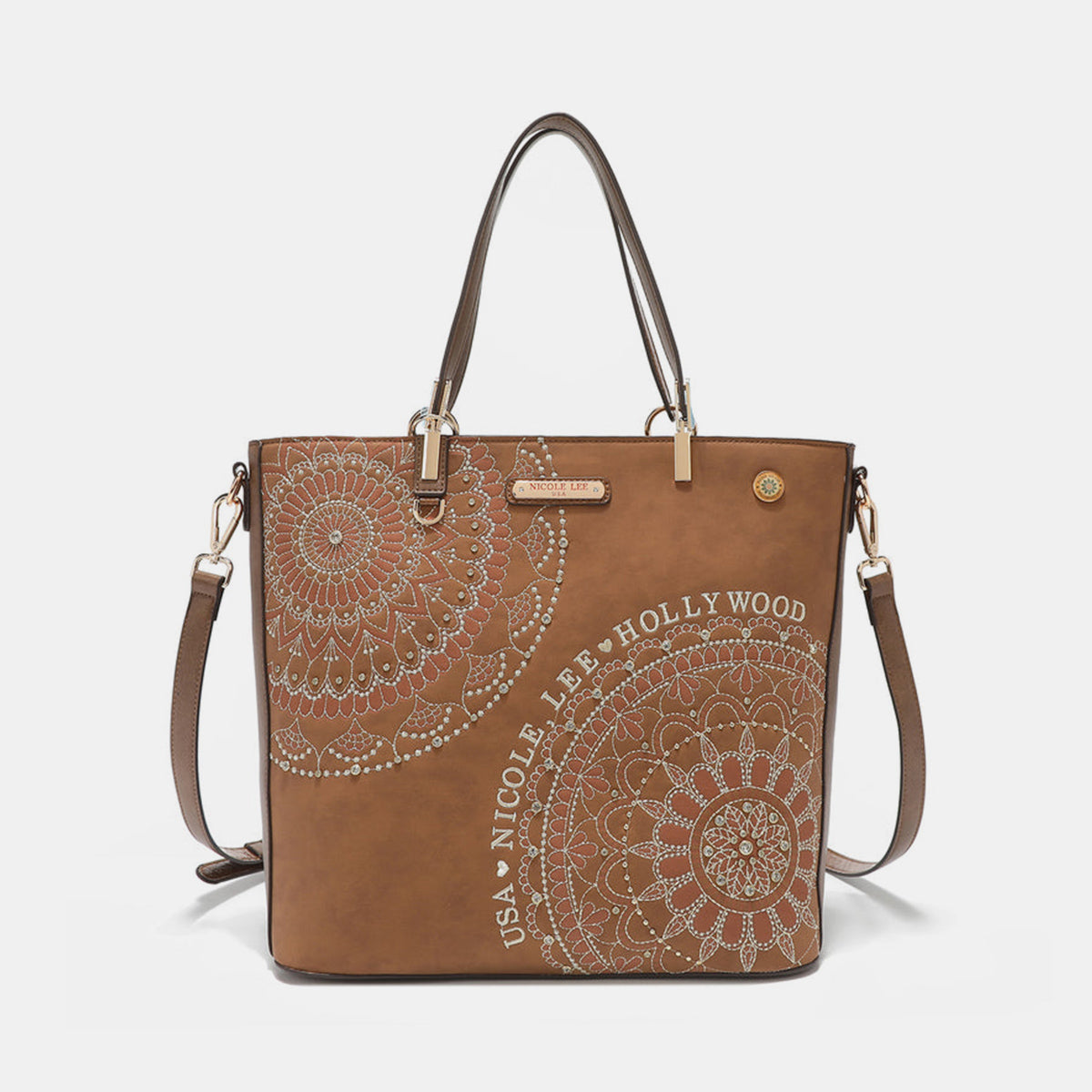 Nicole Lee USA Metallic Stitching Embroidery Inlaid Rhinestone Tote BaThe classic shopper elevated with high-shine embroidery and sleek hardware, our Josefina shopper opens up to 3 spacious compartments to keep your essentials organizeNicole Lee USA Metallic Stitching EmbroideryNicole Lee USA Metallic Stitching Embroidery