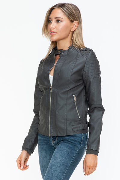 Snobbish PU Leather Biker Jacket with Side Zip PocketsA PU leather biker jacket with side zip pockets is a stylish and edgy piece that combines classic biker aesthetics with modern design elements. This jacket is typicaSnobbish PU Leather Biker JacketSnobbish PU Leather Biker Jacket