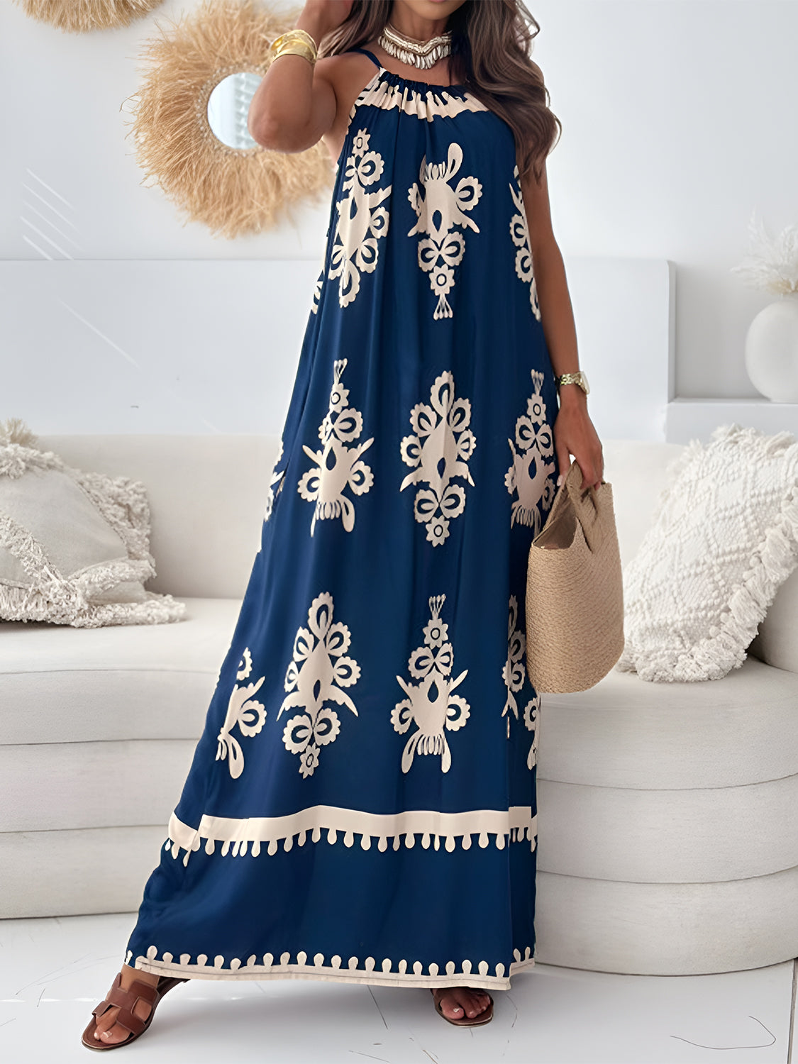 Printed Spaghetti Strap Sleeveless Maxi DressFeatures: Basic style
Sheer: Opaque
Stretch: No stretch
Body: Not lined
Material composition: 95% polyester, 5% spandex
Care instructions: Machine wash cold. Tumble Printed Spaghetti Strap Sleeveless Maxi DressPrinted Spaghetti Strap Sleeveless Maxi Dress